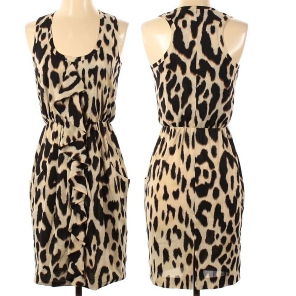 Calvin Klein Leopard Print Sleeveless Midi Dress Sz 2 Pockets Ruffle Scoop Neck